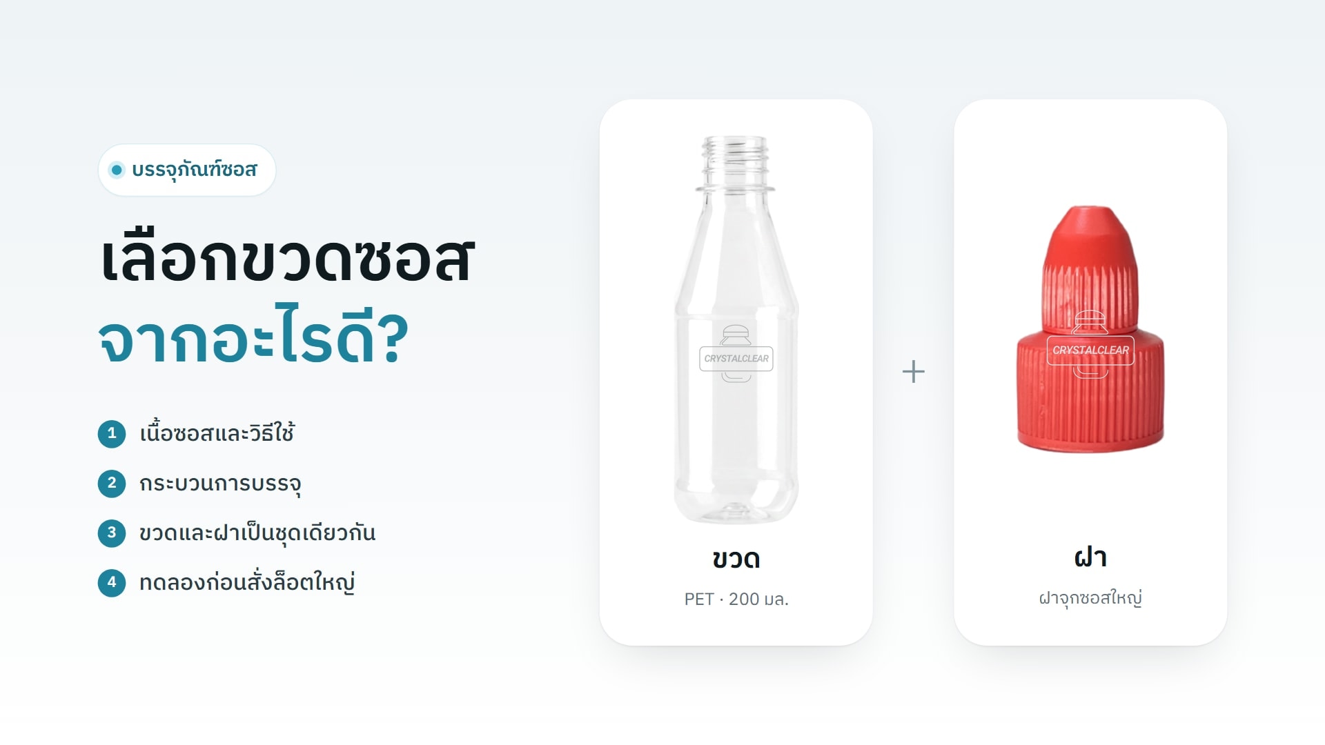 ขวดซอส PET ใส 200 มล. (รหัส 200ML) กับฝาจุกซอสใหญ่สีแดง วางคู่กันบนการ์ดสีขาว ข้างหัวข้อ 4 เรื่องในการเลือกขวดซอส