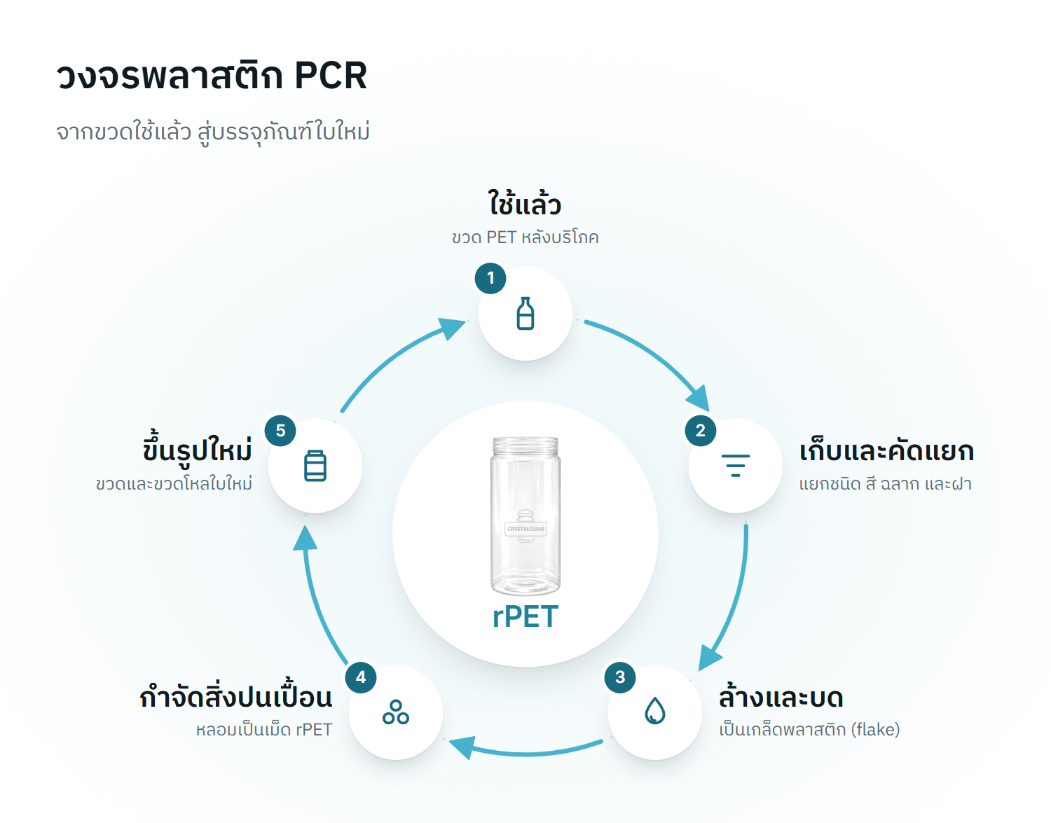 วงจรพลาสติก PCR 5 ขั้นตอน: 1 ขวด PET ที่ใช้แล้ว 2 เก็บรวบรวมและคัดแยก 3 ล้างและบดเป็นเกล็ด 4 กำจัดสิ่งปนเปื้อนและหลอมเป็นเม็ด rPET 5 ขึ้นรูปเป็นขวดและขวดโหลใหม่ แล้ววนกลับสู่ผู้บริโภค