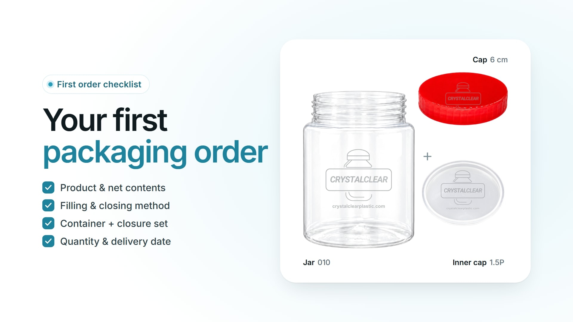 Clear jar code 010 shown with a red 6 cm cap and a milky-white 1.5P inner cap, beside the heading “Your first packaging order” and a four-item checklist